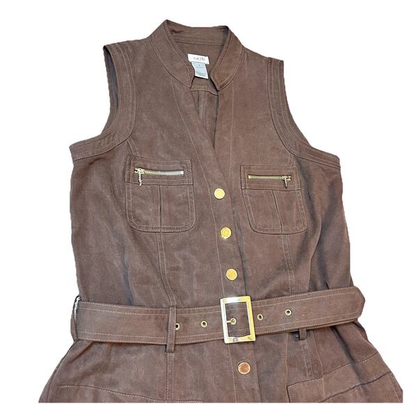 RARE Y2K Cache Tencel Romper Size S Gold Buttons Belted Mock Neck Breathable - Picture 5 of 9